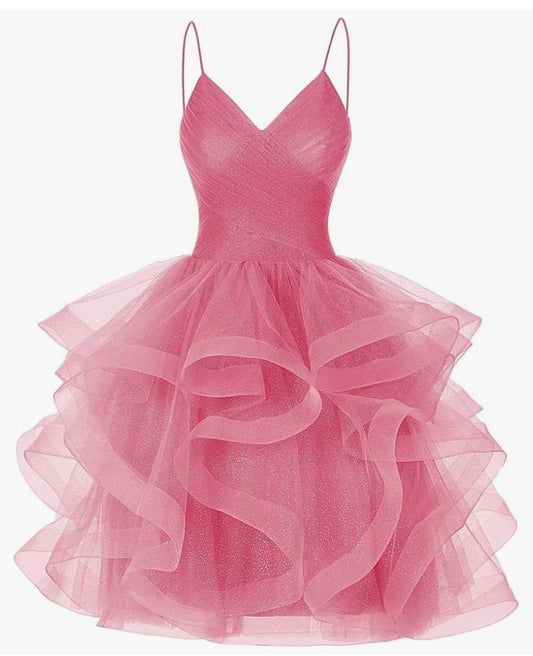 Robe de bal modeste à bretelles spaghetti en tulle rose, robe de soirée formelle, robe de bal de fin d'année, robe courte Hoco DH2580