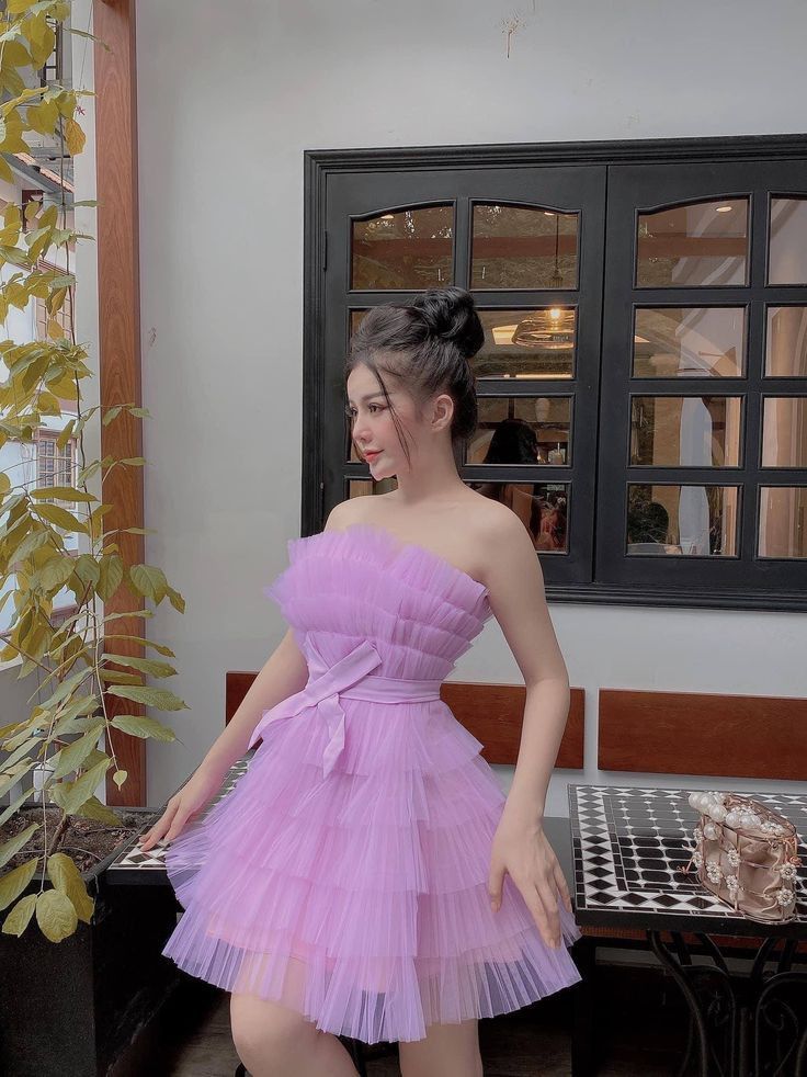 Robe de bal modeste sans bretelles en tulle lilas, robe de soirée formelle, robe de bal de fin d'année, robe courte Hoco DH2584
