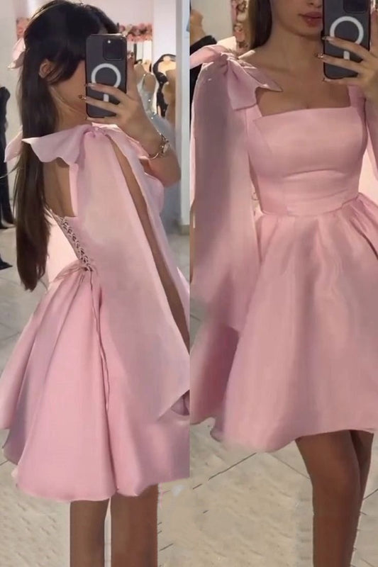 Robe de bal modeste à bretelles spaghetti en satin rose, robe de soirée de remise de diplôme, robe courte Hoco DH2585