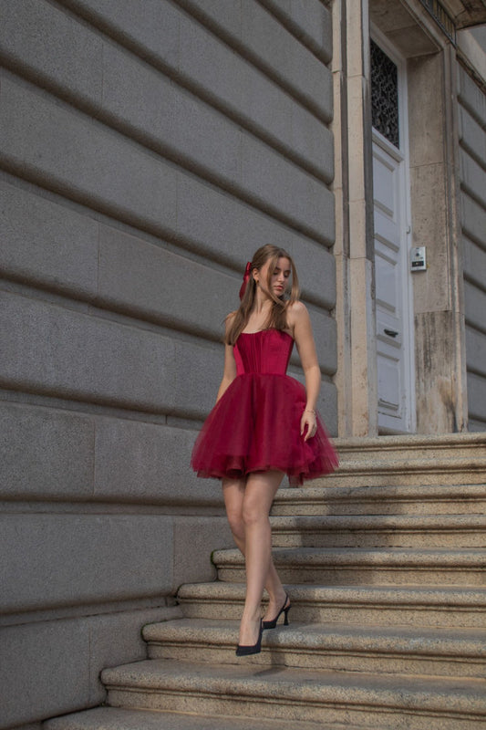 Robe de bal modeste en tulle bordeaux, décolleté en cœur, robe de soirée formelle, robe de bal de fin d'année, robe courte Hoco DH2587