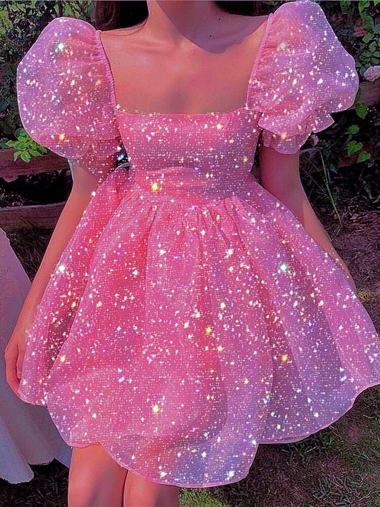 Robe de bal princesse à col carré en tulle rose, robe de soirée formelle, robe de bal de fin d'année, robe courte Hoco DH2590