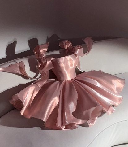 Cute Ball Gown Straps Pink Satin Short Formal 8th Grade Homecoming Dresses Middle School Cocktail Dress Hoco Outfits DH2591