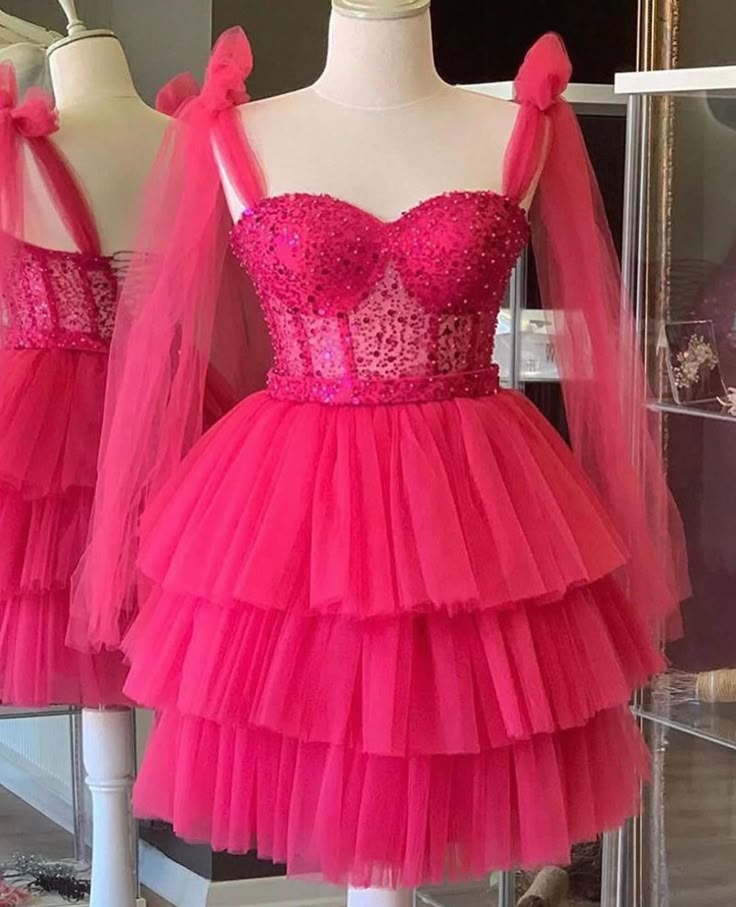 Robe de bal modeste à bretelles en tulle rose vif, robe de soirée formelle, robe de bal de 8e année, robe courte Hoco DH2593