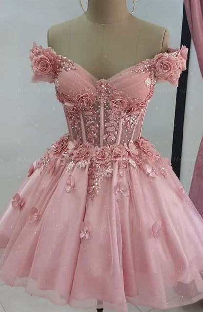 Robe de bal modeste à épaules dénudées en tulle rose blush, robe de soirée formelle, robe de bal de fin d'études, robe courte Hoco DH2596