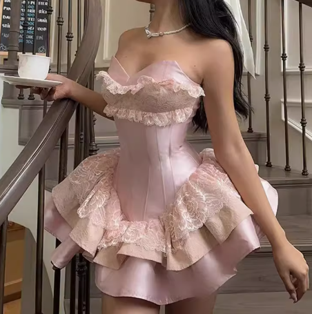 Robe de bal princesse en satin rose avec décolleté en cœur et dentelle, courte, formelle, pour le bal de fin d'année, pour le collège, tenues Hoco DH2597