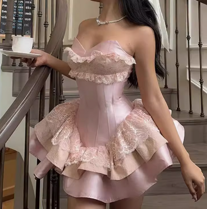 Robe de bal princesse en satin rose avec décolleté en cœur et dentelle, courte, formelle, pour le bal de fin d'année, pour le collège, tenues Hoco DH2597