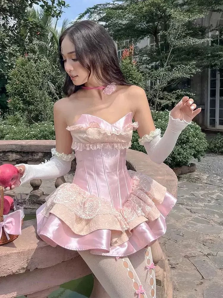 Robe de bal unique en satin rose avec décolleté en cœur et dentelle, courte, formelle, pour le bal de fin d'année, robe de cocktail pour le collège, tenues Hoco Inspo DH2604