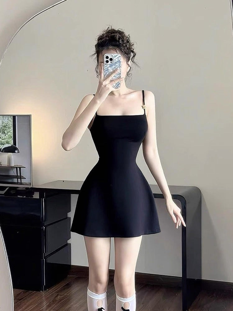Robe trapèze modeste à bretelles spaghetti, petite robe noire, robe de soirée formelle, robe de bal de fin d'études, robe courte Hoco DH2621