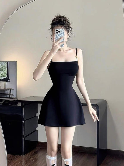 Robe trapèze modeste à bretelles spaghetti, petite robe noire, robe de soirée formelle, robe de bal de fin d'études, robe courte Hoco DH2621