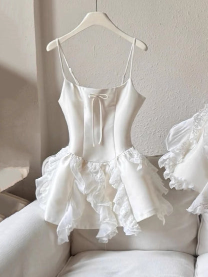 Robe de soirée courte en satin blanc à bretelles spaghetti, coupe trapèze, tenue de bal de fin d'année, Hoco DH2622