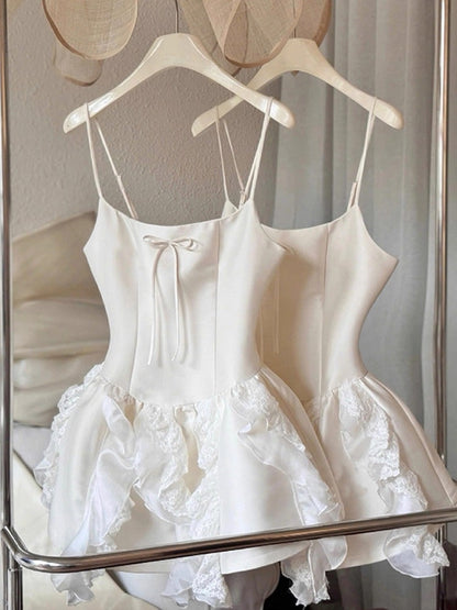 Robe de soirée courte en satin blanc à bretelles spaghetti, coupe trapèze, tenue de bal de fin d'année, Hoco DH2622