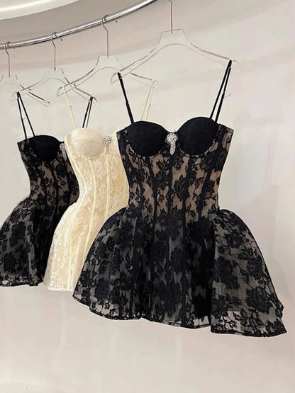 Robe de bal courte en dentelle noire à bretelles spaghetti, tenue de soirée de 4e année, tenue de cocktail Hoco DH2626
