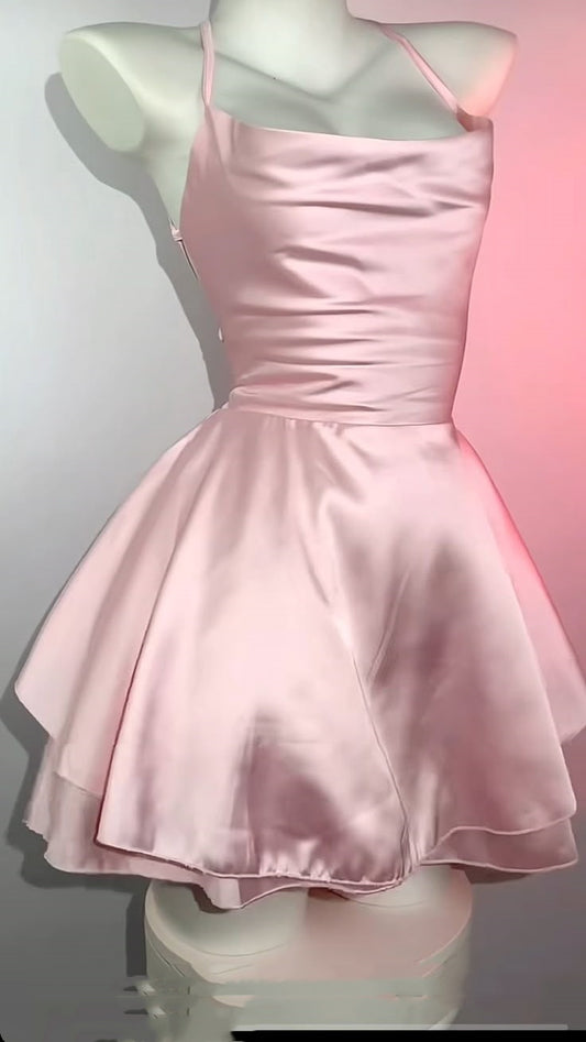 Trendy A Line Halter Blush Pink Satin Mini Short Formal 8th Grade Homecoming Dresses Summer Middle School Hoco Dress Homecoming Outfits DH263
