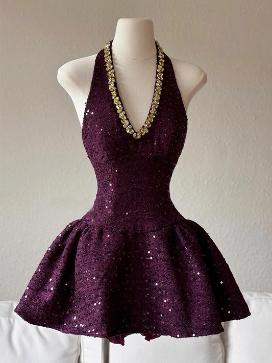 Cute Ball Gown Halter Grape Sequin Formal Homecoming Dresses 8th Grad Dance Graduation Dress Short Hoco Dresses DH2631
