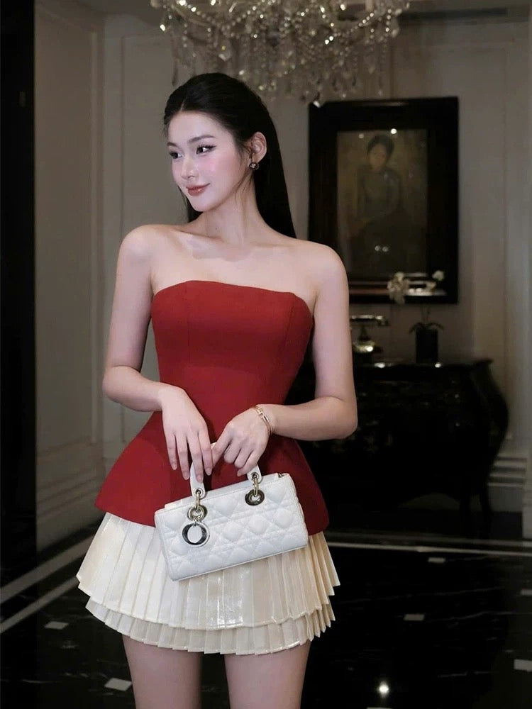 Robe de soirée courte en satin rouge, coupe trapèze, sans bretelles, style mini, tenue de soirée, pour le collège, tenue Hoco DH2632