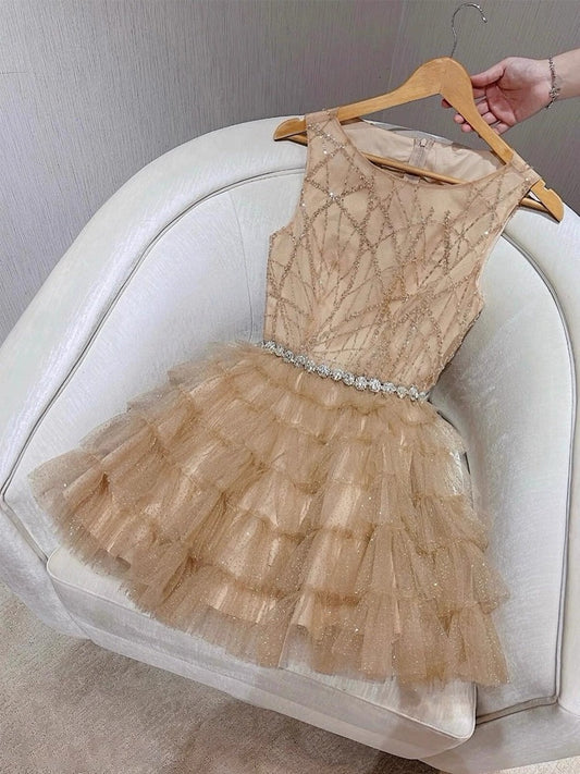 Cute Ball Gown Scoop Champagne Tulle Formal Homecoming Dresses 8th Grad Dance Graduation Dress Short Hoco Dresses DH2642