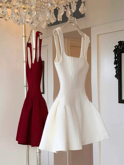 Robe de soirée courte rouge à col carré et coupe trapèze, inspiration danse estivale, robe Hoco, mini robe de cocktail DH2643