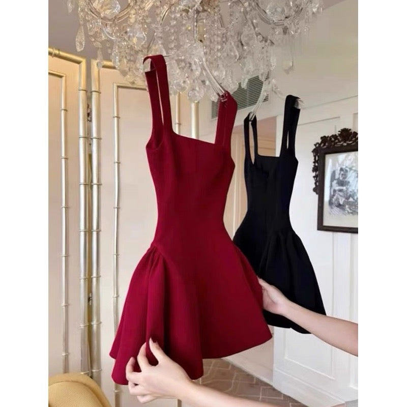 Robe de soirée courte rouge à col carré et coupe trapèze, inspiration danse estivale, robe Hoco, mini robe de cocktail DH2643