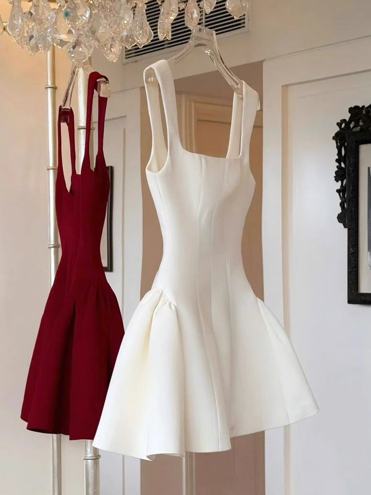 Robe de soirée courte rouge à col carré et coupe trapèze, inspiration danse estivale, robe Hoco, mini robe de cocktail DH2643