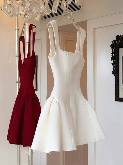 Robe de soirée courte rouge à col carré et coupe trapèze, inspiration danse estivale, robe Hoco, mini robe de cocktail DH2643
