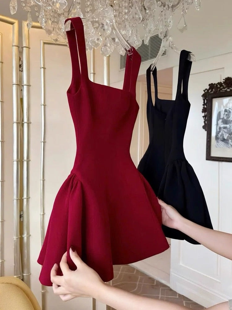 Robe de soirée courte rouge à col carré et coupe trapèze, inspiration danse estivale, robe Hoco, mini robe de cocktail DH2643
