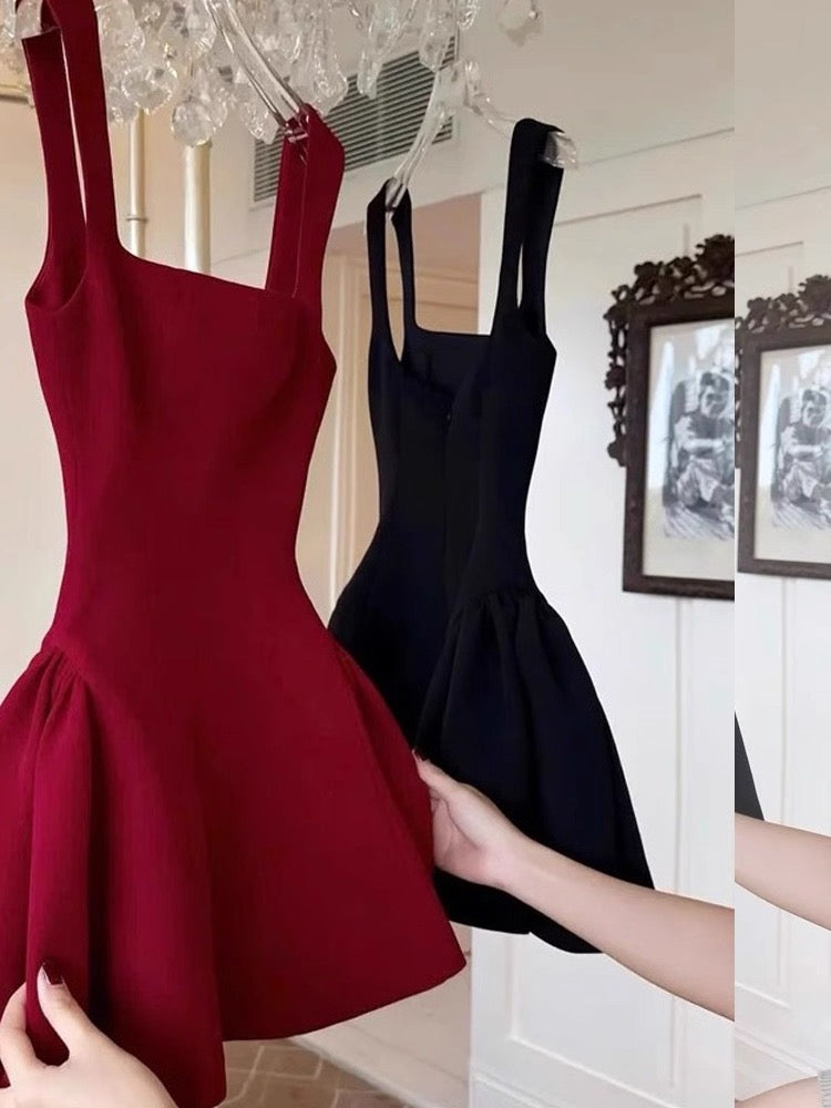 Robe de soirée courte rouge à col carré et coupe trapèze, inspiration danse estivale, robe Hoco, mini robe de cocktail DH2643
