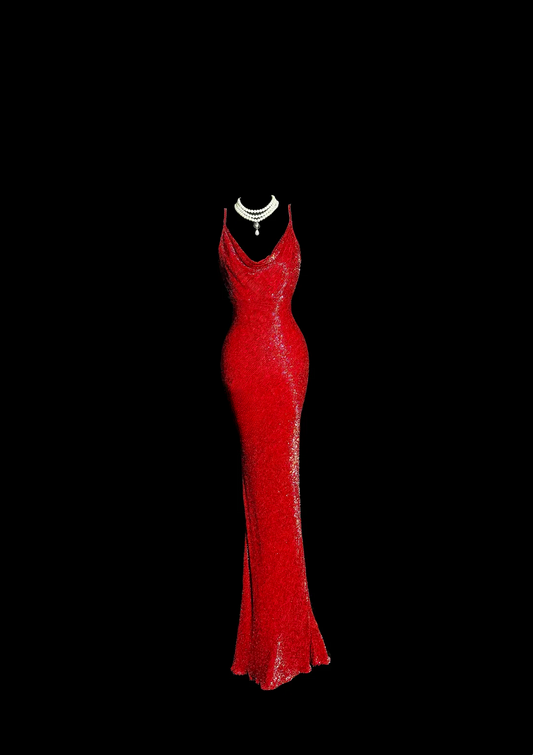 Vintage Mermaid Spaghetti Straps Red Sequin Long Prom Dresses Party Dress 18th Birthday Outfits Graduation Dresses DH2645