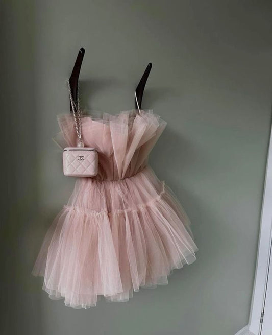 Pretty A line Strapless Blush Pink Tulle Short Formal 8th Grade Homecoming Dresses Summer Middle School Hoco Dress Homecoming Outfits DH265