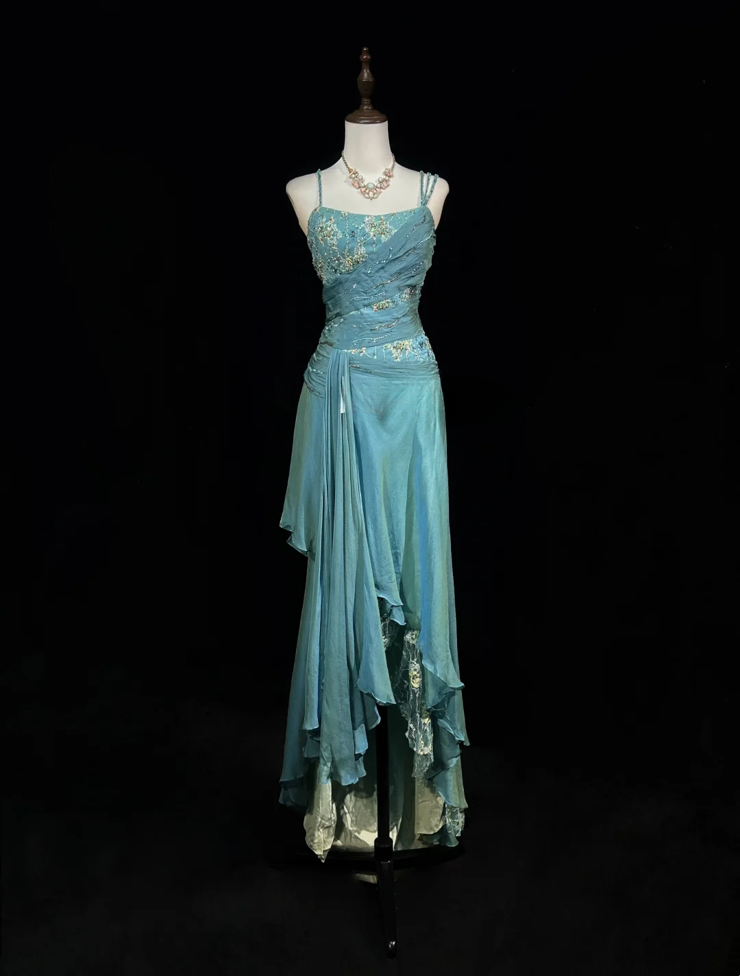 Robe de bal longue vintage en mousseline de soie, coupe trapèze, bretelles spaghetti, sans manches, bleue, tenue de soirée, pour 18e anniversaire, robe de remise de diplôme, DH2654