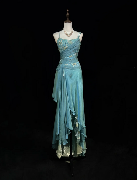 Robe de bal longue vintage en mousseline de soie, coupe trapèze, bretelles spaghetti, sans manches, bleue, tenue de soirée, pour 18e anniversaire, robe de remise de diplôme, DH2654