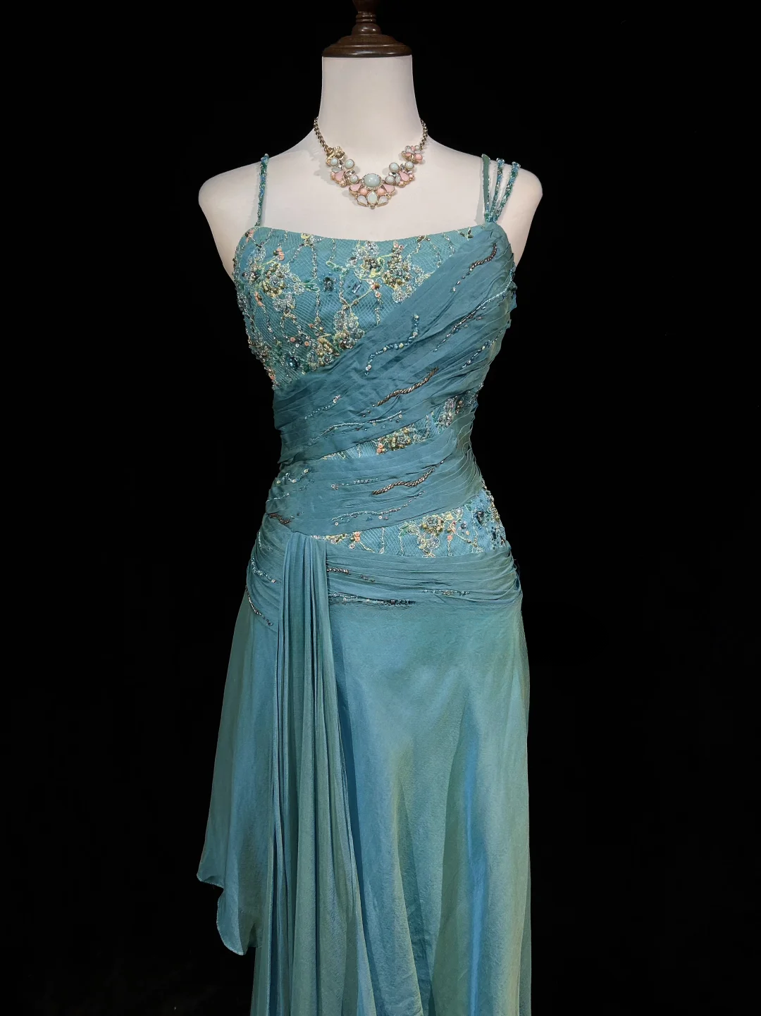 Robe de bal longue vintage en mousseline de soie, coupe trapèze, bretelles spaghetti, sans manches, bleue, tenue de soirée, pour 18e anniversaire, robe de remise de diplôme, DH2654