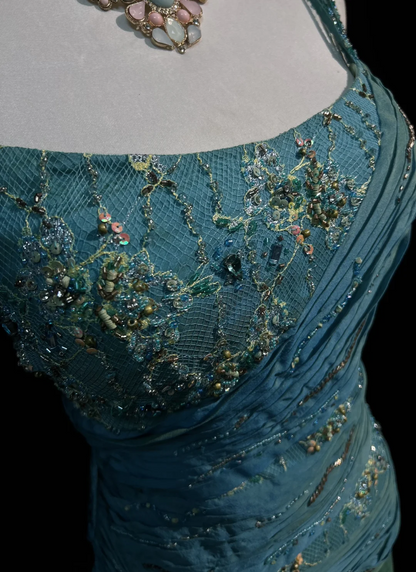 Robe de bal longue vintage en mousseline de soie, coupe trapèze, bretelles spaghetti, sans manches, bleue, tenue de soirée, pour 18e anniversaire, robe de remise de diplôme, DH2654