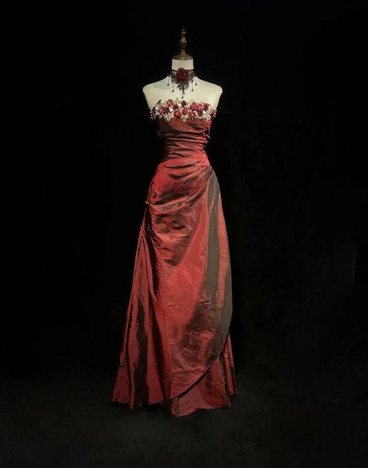 Robe de bal rétro trapèze sans bretelles bordeaux en taffetas, longue, à fleurs, tenue de soirée, pour 18e anniversaire, robe de remise de diplôme, DH2656
