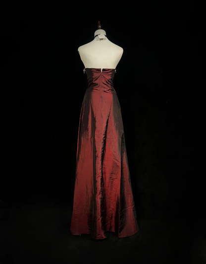 Retro A Line Strapless Burgundy Sleeveless Taffeta Long Flowers Prom Dresses Party Dress 18th Birthday Outfits Graduation Dresses DH2656