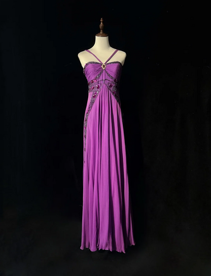 Retro A-Linie Neckholder Trauben Chiffon Ärmellos Mit Perlen Lange Blumen Ballkleider Partykleid 21. Geburtstag Outfits Abschlusskleider DH2658