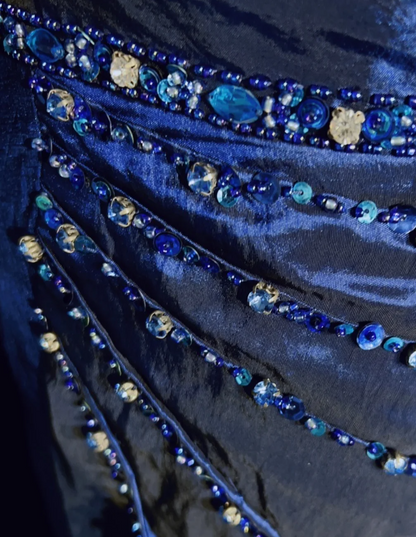 Robe de bal rétro trapèze, col en V, bleu marine, manches courtes, perles argentées, longues fleurs, tenue de soirée, tenue d'anniversaire, robe de remise de diplôme, DH2660