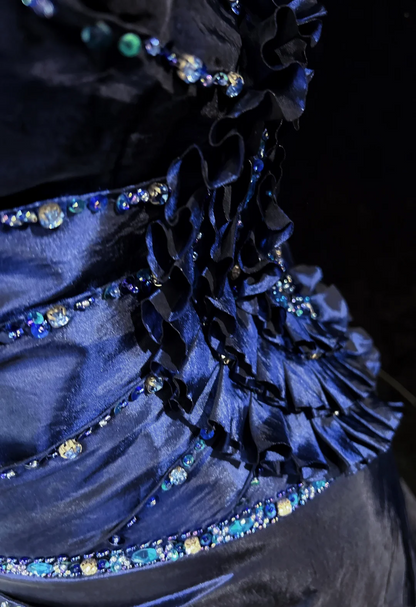 Robe de bal rétro trapèze, col en V, bleu marine, manches courtes, perles argentées, longues fleurs, tenue de soirée, tenue d'anniversaire, robe de remise de diplôme, DH2660