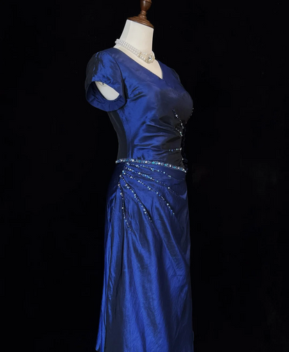 Robe de bal rétro trapèze, col en V, bleu marine, manches courtes, perles argentées, longues fleurs, tenue de soirée, tenue d'anniversaire, robe de remise de diplôme, DH2660