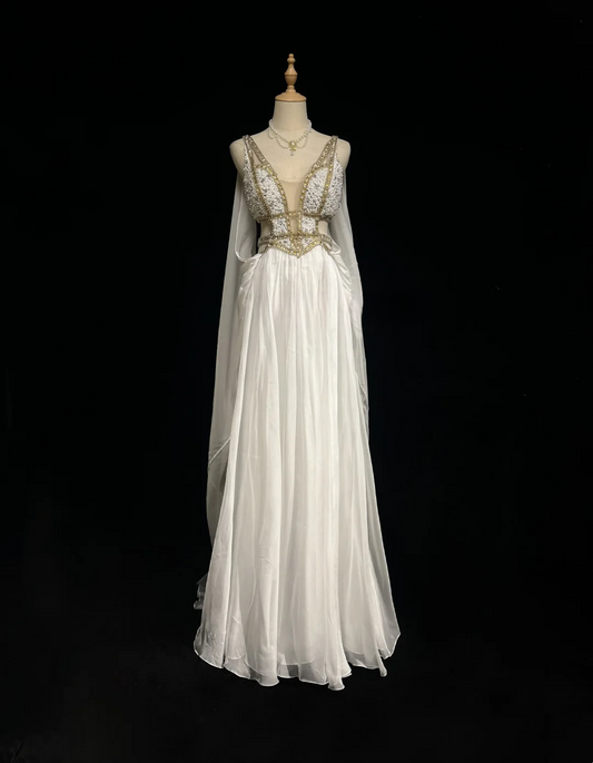Robe de bal rétro trapèze, col en V, en mousseline blanche, avec perles argentées et dorées, longue robe à fleurs, tenue de soirée pour 21e anniversaire, DH2662