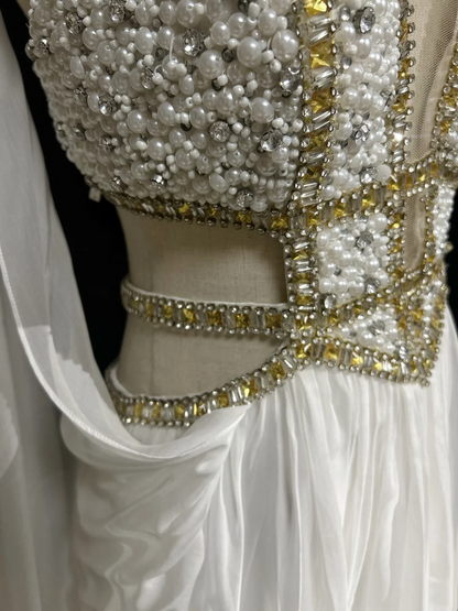 Robe de bal rétro trapèze, col en V, en mousseline blanche, avec perles argentées et dorées, longue robe à fleurs, tenue de soirée pour 21e anniversaire, DH2662