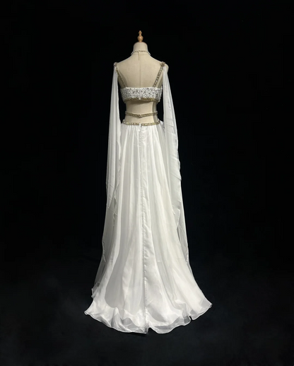 Robe de bal rétro trapèze, col en V, en mousseline blanche, avec perles argentées et dorées, longue robe à fleurs, tenue de soirée pour 21e anniversaire, DH2662