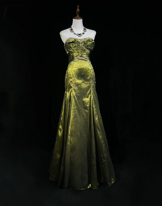 Robe de bal rétro sirène décolleté en cœur sans manches vert olive avec perles argentées, longue robe à fleurs, tenue de soirée pour 21e anniversaire, robe de remise de diplôme DH2667