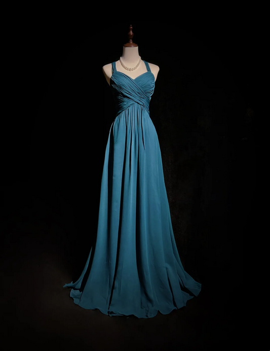 Robe de bal longue plissée en mousseline de soie, style rétro, coupe licou, sans manches, tenue de soirée pour 21e anniversaire, robe de remise de diplôme, DH2670