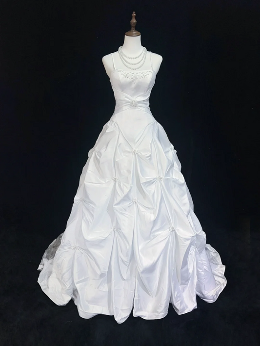 Vintage Bridal Dress Ball Gown Spaghetti Straps Taffeta White Long Wedding Dress Retro Wedding Dresses Modest Wedding Gowns DH2672