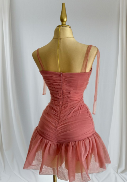 Cute Strap Sheath Short Party Dress Tulle Red Homecoming Dress DP2954