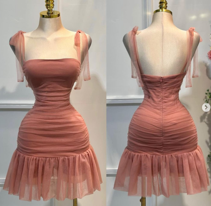 Cute Strap Sheath Short Party Dress Tulle Red Homecoming Dress DP2954