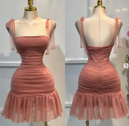 Cute Strap Sheath Short Party Dress Tulle Red Homecoming Dress DP2954