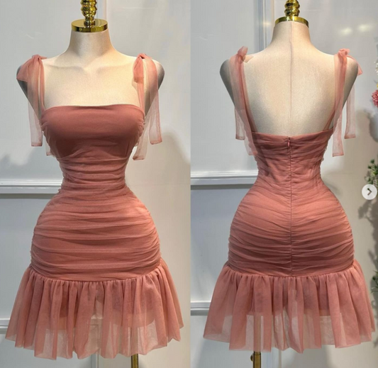 Cute Strap Sheath Short Party Dress Tulle Red Homecoming Dress DP2954