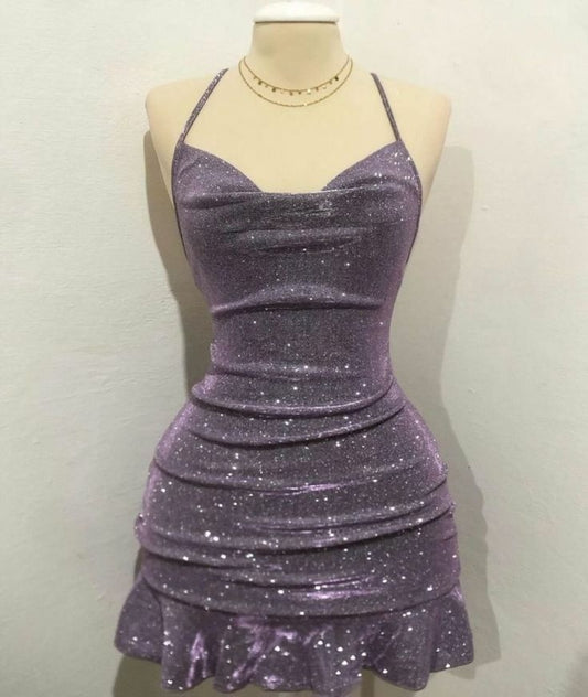 Sexy Sheath Halter Sequin Tight Grape Formal Homecoming Dresses 8th Grad Dance Graduation Dress Short Birthday Outfits Hoco Dresses DH2695