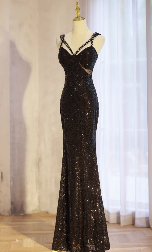 Elegant Black Mermaid Evening Gowns Spaghetti Strap Formal Dresses Spark Sequin Sleeveless Long Prom Dresses DH2697